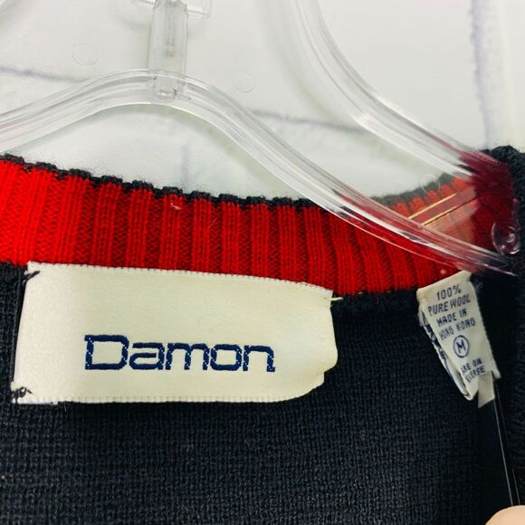 vintage 90s all wool sweater V neck stripes black red Damon size medium men - Picture 5 of 7